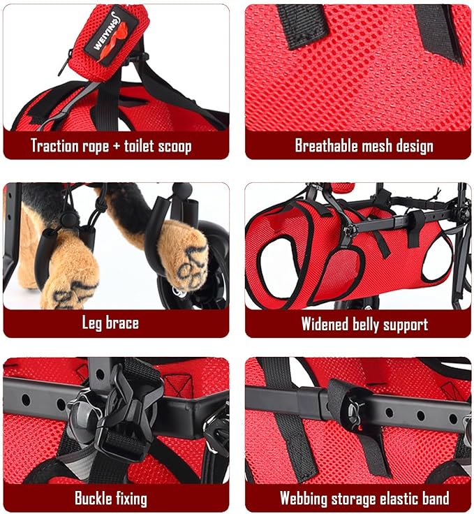 Pet Hind Leg Mobility Wheelchair, Adjustable Dog Rehabilitation Walker, Disabled Senior Dog Rear Leg Support Cart with All-in-One Harness for Small Medium Dogs Cats(Red,M)