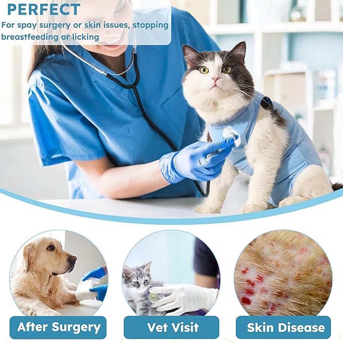 Hpetppy Cat Surgery Recovery Suit, Recovery Suit for Female Male Cats, Cat Onesie After Surgery Spay Neuter, Anti-Licking Kitten Surgical Clothes, Bodysuit for Abdominal Wounds Skin Disease Blue M