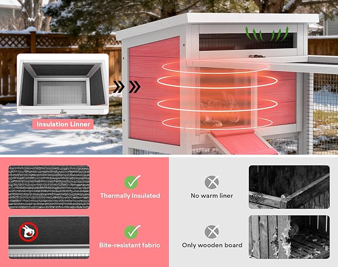 TIMHAKA 2-Story Rabbit Hutch, Insulated Bunny Hutch w/Chew-Proof Ramp & Wheels, Indoor/Outdoor Bunny Cage w/Leak-Proof Trays and Openable Waterproof Roof for Guinea Pig, Pink