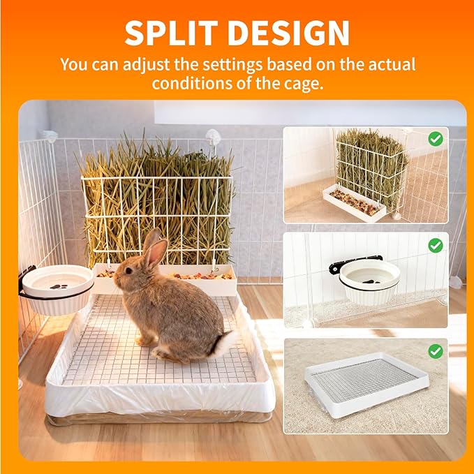 BESNEW 3 in 1 Rabbit Hay Feeder with Litter Box,Upgraded Metal Hay Rack & Litter Tray & Water Bowl,Quick Cleaning,Easy to Install,Bunny Supplies for Rabbit Guinea Pig Chinchilla Small Animals
