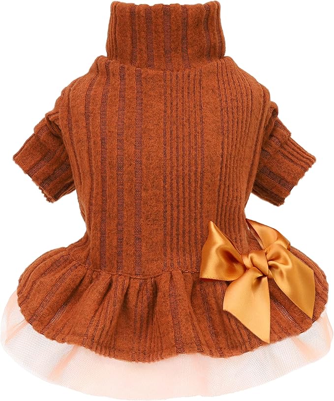 Fitwarm Knitted Dog Tulle Sweater Dress, Dog Winter Clothes for Small Dogs Girl, Cat Apparel, Orange, Small