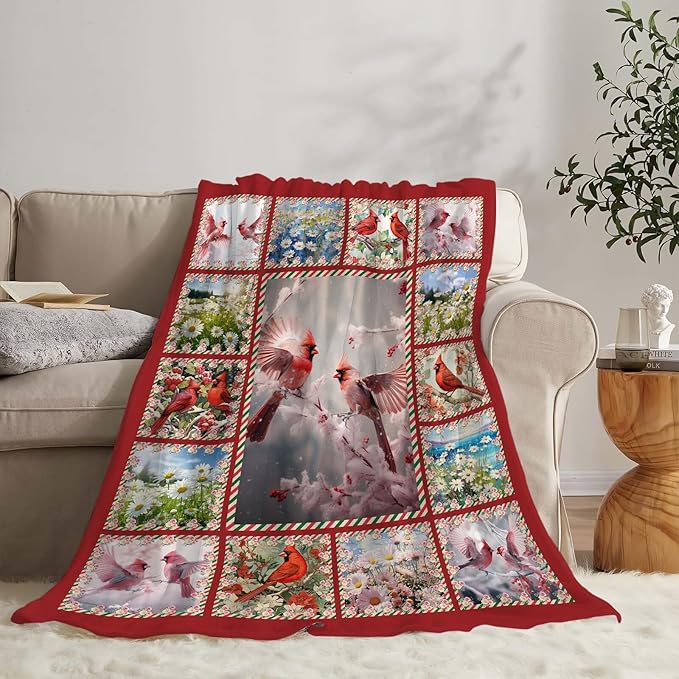 Cardinal Blanket Red Birds Throw Blanket Gifts for Women Men Boys Girls Kids Adults Super Soft Cozy Plush Fluffy Fuzzy Fleece Blanket Home Decor 60''X80''