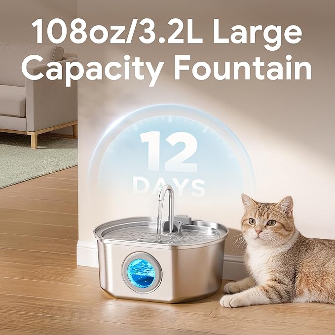 Cat Water Fountain Stainless Steel: 108oz/3.2L Cat Fountain for Drinking- Pet Water Fountain Inside - Automatic Dog Watering Dispenser Bowl - Pet Feeding & Watering Supplies - Water Level Window
