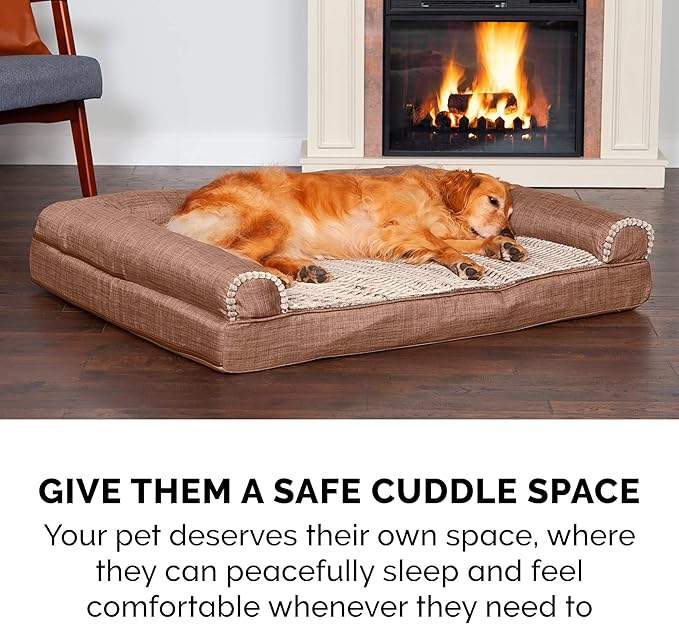 Furhaven Memory Foam Dog Bed for Large Dogs w/ Removable Bolsters & Washable Cover, For Dogs Up to 125 lbs - Luxe Faux Fur & Performance Linen Sofa - Woodsmoke, Jumbo Plus/XXL