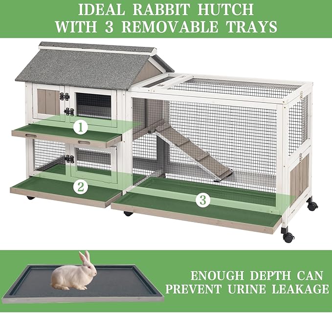 Gowoodhut 2-Story 60.6"L Rabbit Hutch Indoor and Outdoor with 6 Wheels,Wooden Rabbit Cage with 3 Pull Out Leak-Proof Trays for 2-4 Rabbits,Bunny Hutch with Asphalt Roof Bunny Cage with 6 Accesses,Grey