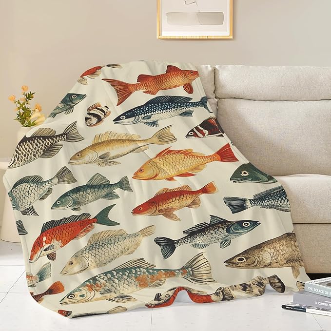 Fish Throw Blanket Fish Gifts for Kids Girls Boys Adults Women Men Soft Cozy Warm Plush Fluffy Fuzzy Fleece Blanket Birthday Festival Decor 50''X60''