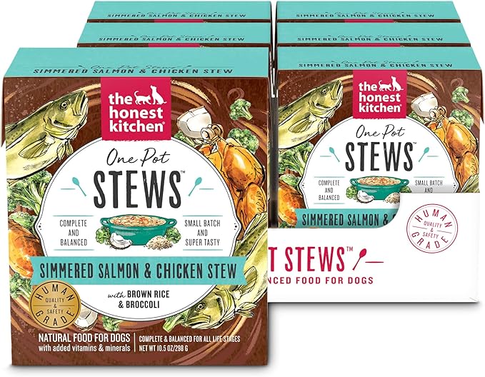 The Honest Kitchen Human Grade One Pot Stews: Simmered Salmon & Chicken Stew with Brown Rice & Broccoli Wet Dog Food, 10.5 oz x6