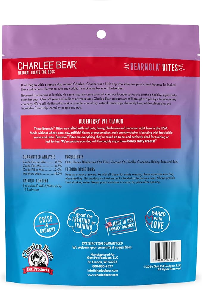 Charlee Bear Crunchy Dog Treats, Bearnola Bites Blueberry Pie, Puppy Training Treats, Vegan Dog Snacks, 8 oz Bags (2), Made USA