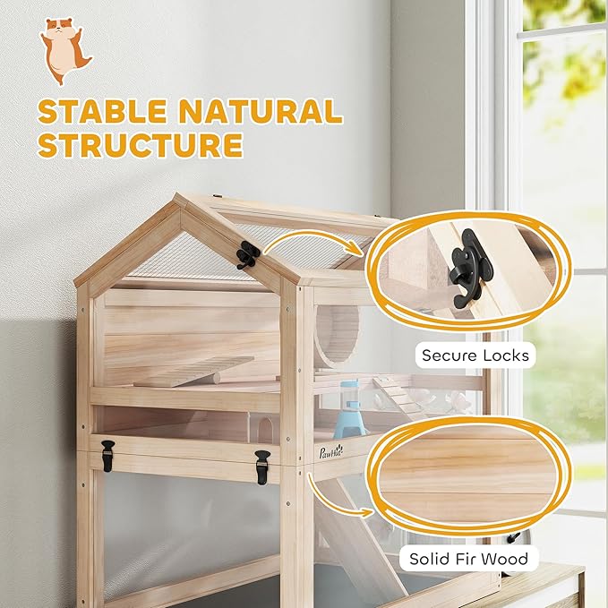 PawHut Wooden Hamster Cage, 3-Tier Small Animal Cage with Hut, Seesaw, Ramps, Exercise Wheel, Acrylic Panel and Bottom Tray, Dwarf Hamster Habitat for Small Geibil, Mice, 30" x 18" x 30"
