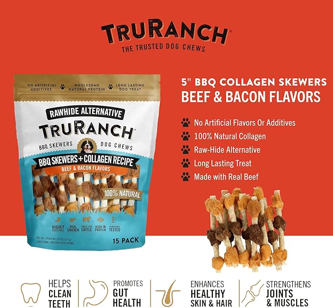 TRURANCH 5" BBQ Collagen Skewers - Collagen Dog Chews - Long Lasting Healthy Joint Support - Rawhide Alternative - Skin & Coat Health, Value Pack, 3 Bags, 45 Count