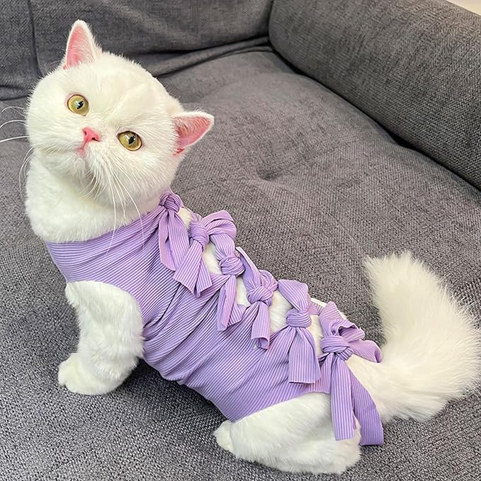 Cat Sterilization Recovery Suit, 2pcs Pet Surgical Recovery Suit for Cats and Dogs, Post-Surgery Wound Care Onesie, Soft Breathable Elastic Fabric, Pink and Purple