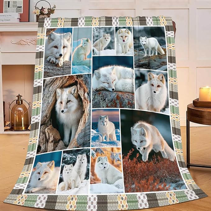 Fox Throw Blanket White Fox Stuff Gifts for Kids Girls Boys Adults Women Men Soft Cozy Warm Plush Fluffy Fuzzy Fleece Blanket Decor 40''X50''