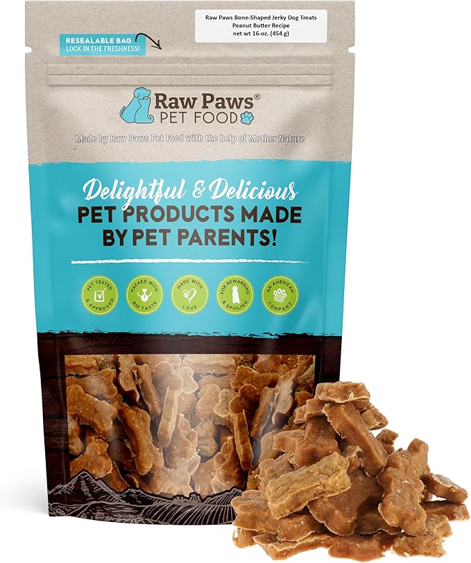 Raw Paws Soft Bone Shaped Dog Jerky Treats for Dogs - Peanut Butter & Chicken Recipe (16-Ounce) - Made in USA - Chicken Jerky Dog Treats - Soft Puppy Training Treats