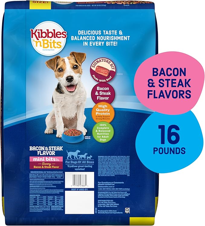 Kibbles 'n Bits Mini Bits Small Breed Dry Dog Food, Savory Bacon & Steak Flavor for Adult Dogs, 16 lb. Bag