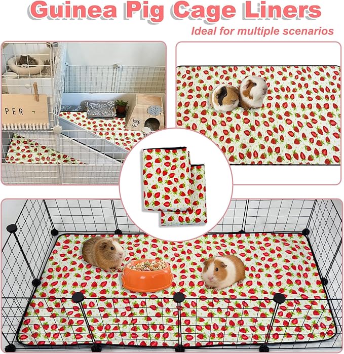 2 Pack Guinea Pig Cage Liners, Washable Waterproof Super Absorbent Pee Pads (48x60 inch 2pack, Strawberry)