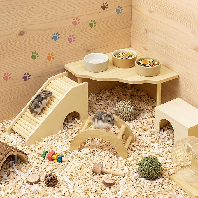 BreezeHug 4 Pcs Hamster Platform Hideout Wooden Tunnel Ladder Playhouse Hamster Game Climbing Toy with Platform Cage Accessories for Small Pets Dwarf Syrian Mice Degus Gerbils Squirrel(Log Cabin)