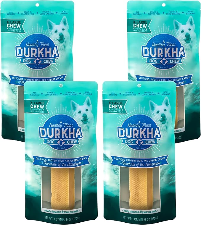 Durkha Yak Cheese Chews: Himalayan Yak Cheese Dog Chews- Natural, Healthy & Long Lasting Dog Treats - Grain, Gluten & Lactose-Free Rawhide Alternatives, For Dogs 65 lbs and smaller, 4 Pack Extra Large
