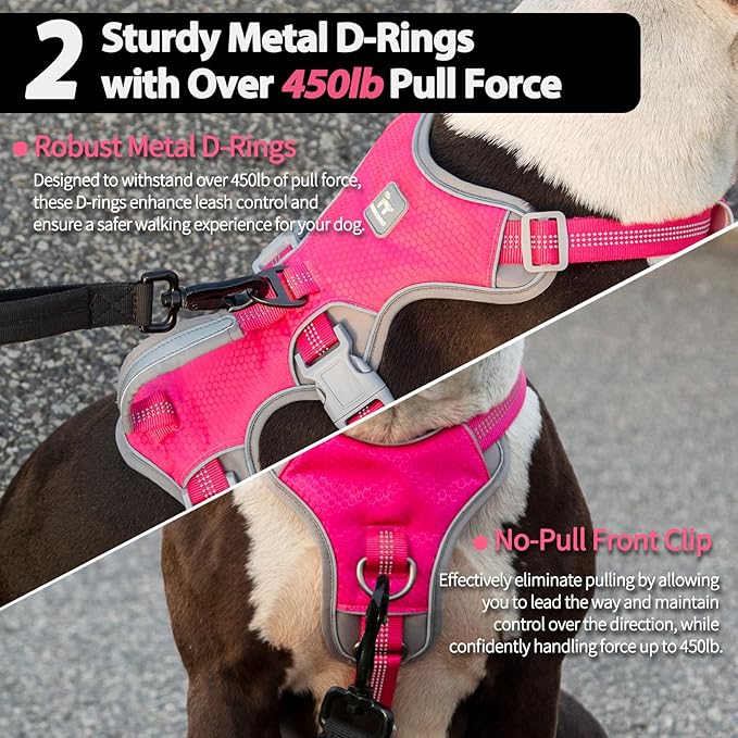 Huntboo Escape Proof Dog Harness, Escape Artist Harness, Reflective Harness with Padded Handle, Breathable, Durable, Adjustable Vest for Medium Dogs Walking, Training, and Running Gear (Rose red,XL)