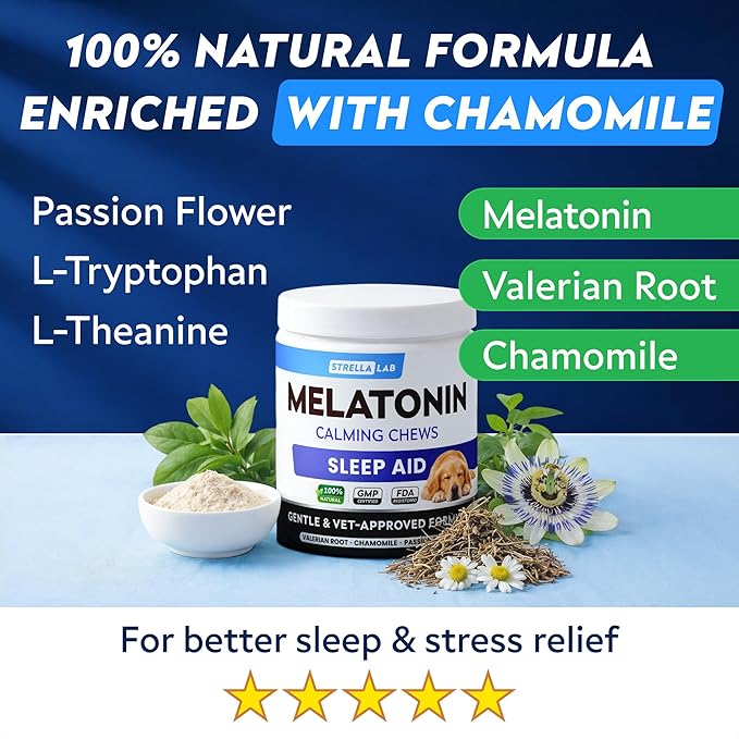 STRELLALAB Melatonin for Dogs to Sleep 6mg - Doggie Sleep Aid Treats - Sleeping Pills for Anxiety - Extra Strength Calming Chews Large & Medium Breed Help Sleep at Night - Made in USA - 60Ct