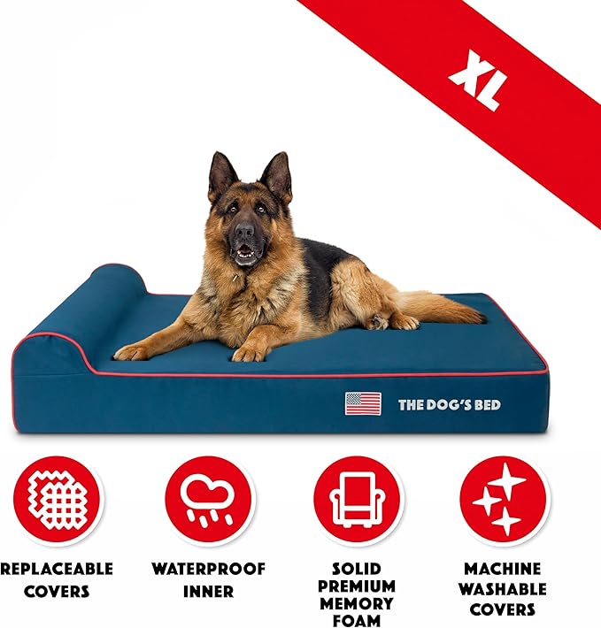 The Dog’s Bed Orthopedic Memory Foam Dog Bed with Headrest, Calming Surface – CertiPUR-Certified Foam, Oxford Fabric, Blue with Red Trim USA Flag, XL, 6-Inch
