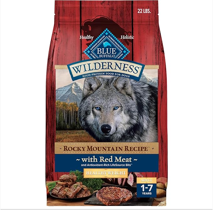 Blue Buffalo Wilderness Rocky Mountain Recipe High-Protein Healthy Weight Adult Dry Dog Food, Made in The USA with Natural Ingredients Plus Wholesome Grains, Red Meat, 22-lb. Bag