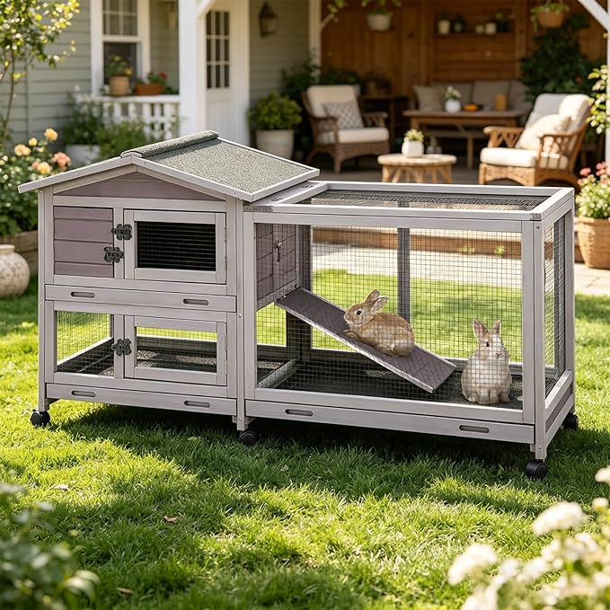 GUTINNEEN Large Rabbit Hutch Indoor Bunny Cage Outdoor with Chew-Proof Ramp 2-Story Mobile Guinea Pig Cages with 3 Pull-Out Trays