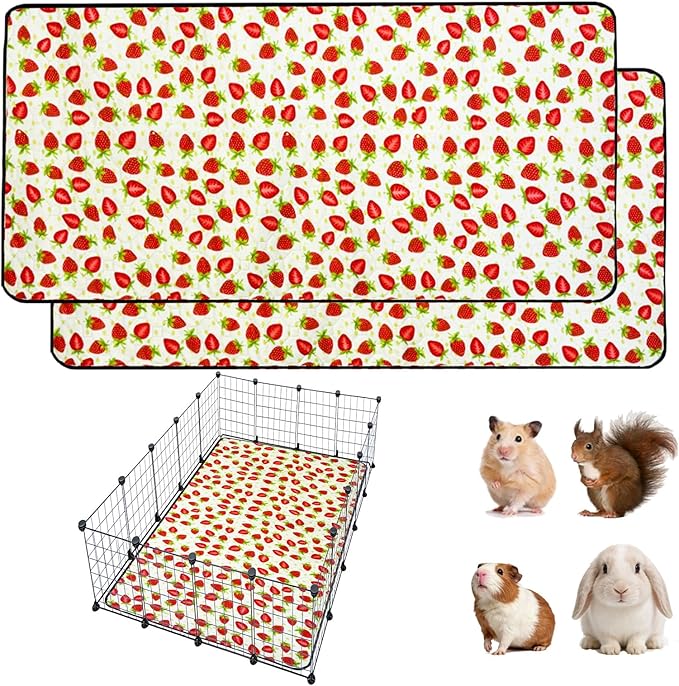 2 Pack Guinea Pig Cage Liners, Washable Waterproof Super Absorbent Pee Pads (48x60 inch 2pack, Strawberry)