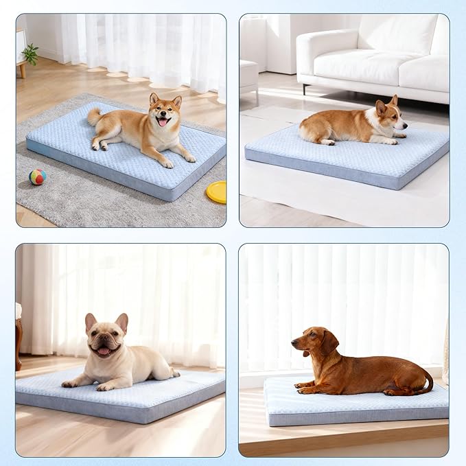 Cooling Dog Beds for Dogs, Orthopedic Memory Foam Dog Bed，Washable Pet Beds for Crate with Faux Fur Cover, Waterproof Lining (Cooling, Large: 35" x 22" x 3")