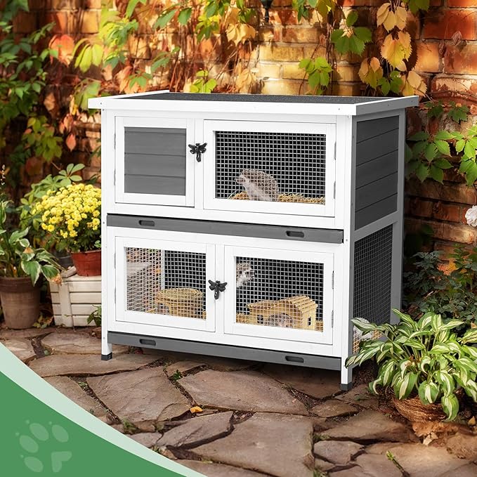 2 Story Solid Wood Rabbit/Bunny Hutch with 2 Large Main Rooms, Indoor Outdoor Rabbit House Guinea Pig Cage Pet House for Small Animals with Ventilation Door Removable Tray Waterproof Roof (Grey)