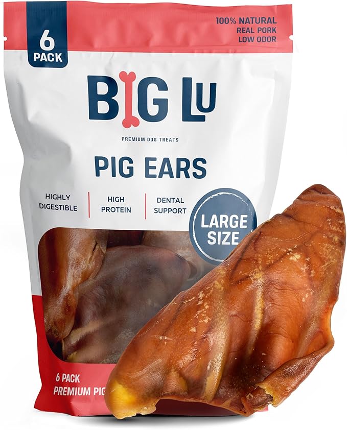 Big Lu – Whole Pig Ears for Dogs, 6 Count, All-Natural Single-Ingredient Pork Treats for Medium and Large Dogs, Easily Digestible, Supports Joint Health with Glucosamine and Chondroitin