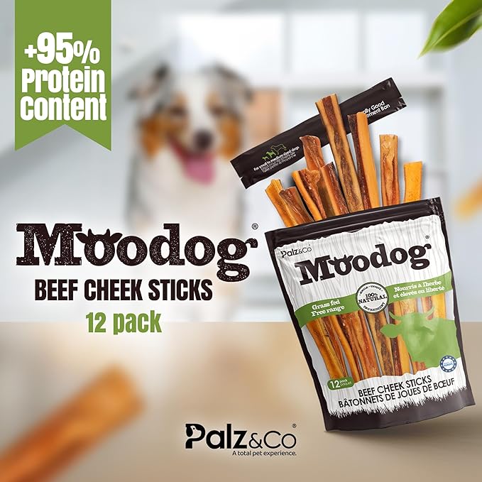 Palz&Co Moodog Beef Cheek Strips for Dogs - 12 Pack of 100% Natural Single Ingredient Treats - Grain Free, High Protein, Chewy & Crunchy Texture