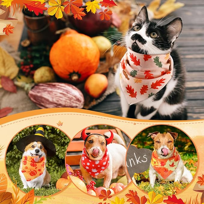 Shyyween 100 Pieces Thanksgiving Fall Dog Bandanas Bulk Maple Leaves Autumn Dogs Bandanas Soft Doggie Bibs Adjustable Triangle Scarves with Pumpkin Patterns for Small Medium Large Pet Costume