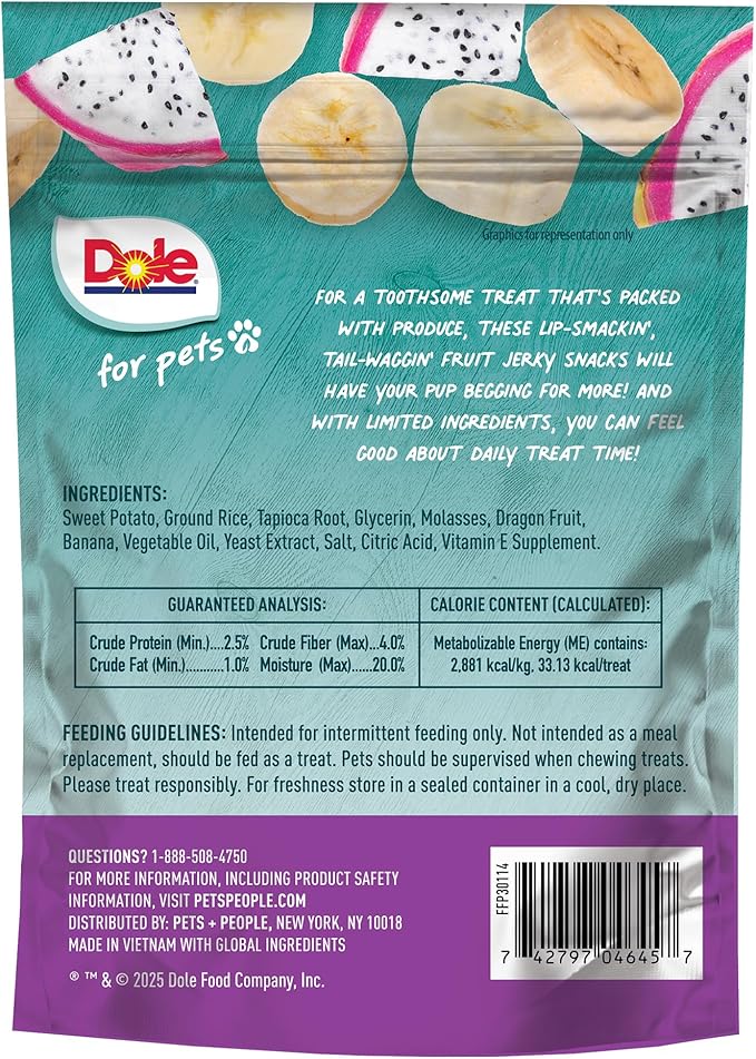 Dole for Pets Fruit Jerky Bites Dog Treats, Banana and Dragon Fruit Flavor, Chewy Treats Flavored with Real Fruit, No Wheat, Corn, Soy, Artificial Flavors, Colors, or Preservatives, 6 Oz