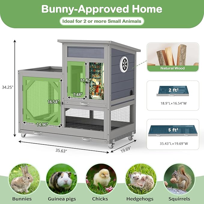 COZIWOW Rabbit Hutch Indoor Outdoor with No-Spill Design, 2 Wire Floors & Removable Trays, 2-Story Large Wooden Bunny Cage on Wheels, Chewproof Ramp for Multiple Small Animals, Gray