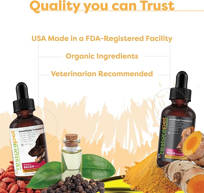 RestoraPet Organic Pet Antioxidant and Multi-Vitamin Supplement Dogs and Cats | Bacon Flavored Combo AM/PM Pack | Promotes Healthy Joints | Turmeric Curcumin CoQ10 | 2oz Liquid Drop Bottles