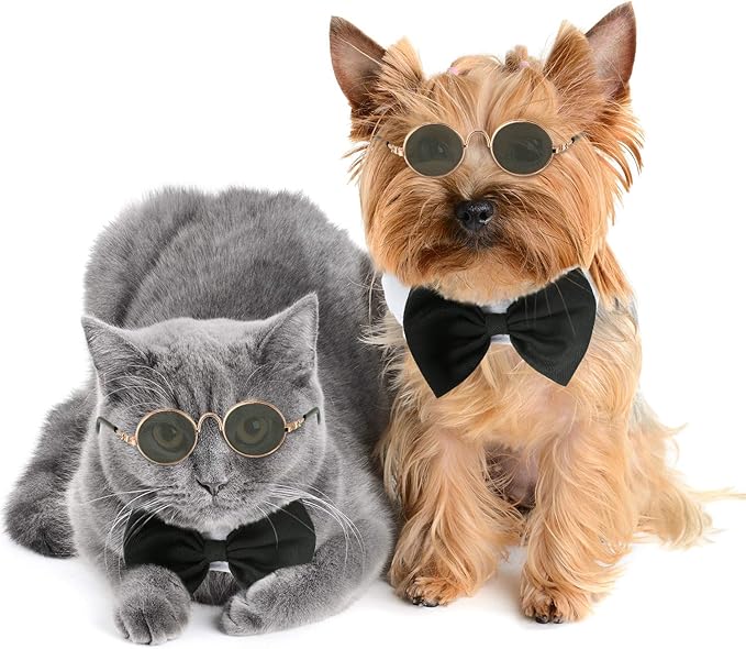 2 Pieces Pets Dog Cat Bowtie Tie Sunglasses Pets Costume Adjustable Formal Necktie Collar for Cats Small Dogs Puppy Round Metal Classic Retro Sunglasses Grooming Accessories Cosplay Party(Black White)