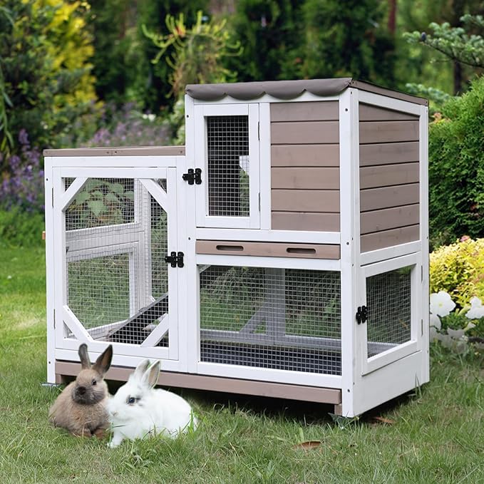 GUTINNEEN Rabbit Cage Outdoor with Pull Out Tray Rabbit Hutch Indoor Bunny Cage on Wheels 2 Story Bunny Hutch No Leakage Guinea Pig Cage
