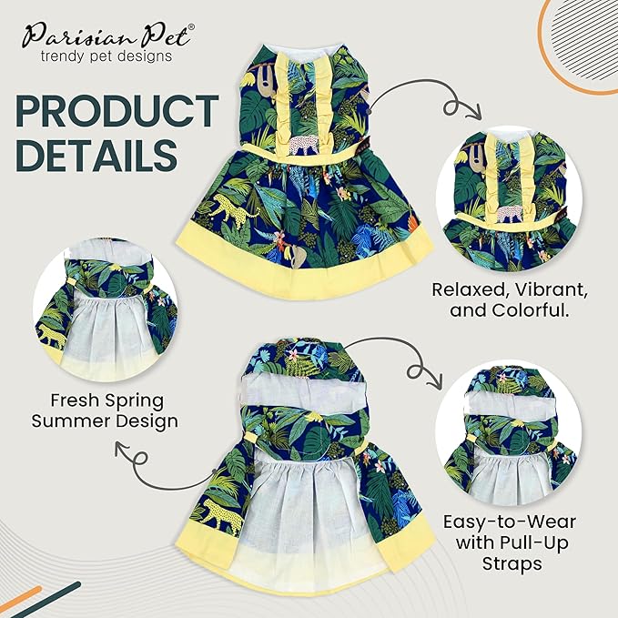 Parisian Pet Amazonia Dog Dress - Summer Clothes for Large Dogs Girl - Tropical Pet Dress - Beach Dog Outfit - Lightweight Puppy Clothes - Jungle Print Dresses for Dogs - Female Dog Apparel