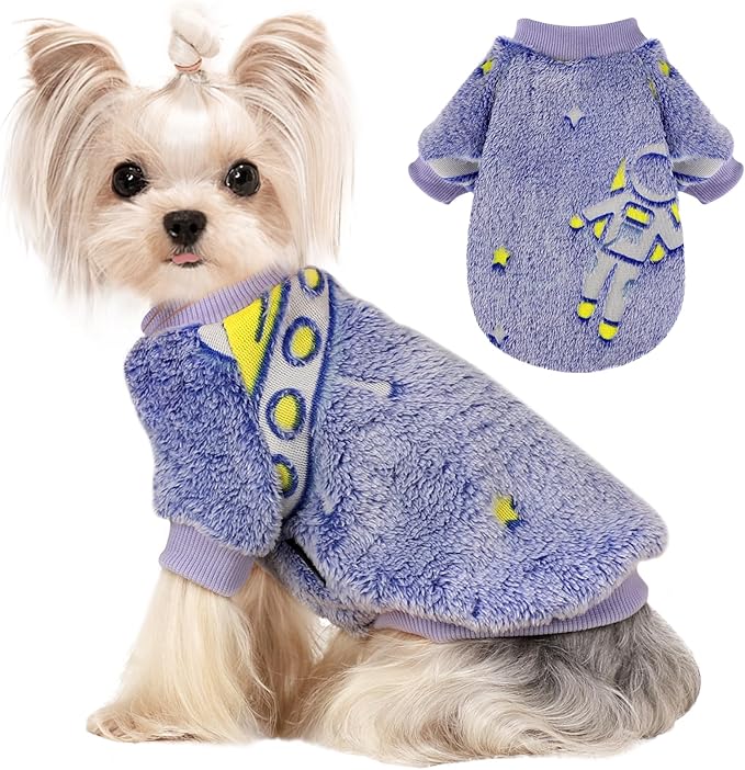 Kosiyi Small Dog Sweater Night Glow Fleece Dog Clothes for Small Dogs Girl Boy, Warm Pullover Doggie Sweatshirt, Winter Pet Coat Jacket Cat Costume, Puppy Outfit Female Male, Blue, S