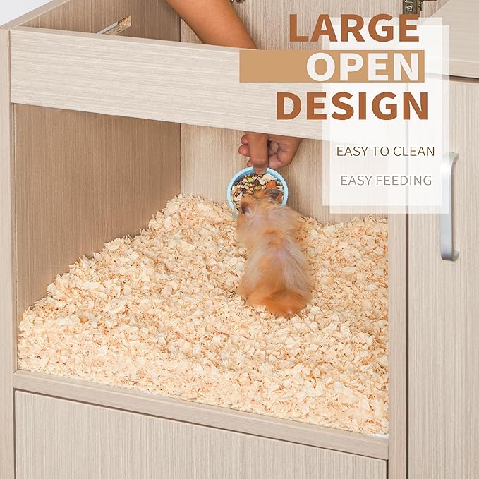 Hamster Cage Furniture with Storage Cabinet, House for Rat Chinchilla, 4-Tier Wood Habitat with Small Animal Cage for Rat, Hedgehog,Chinchilla with Openable Top (Wood)
