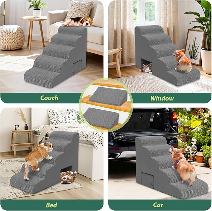 Dog Stairs for Bed up to 26", 5 Tier Dog Steps for Small & Medium Dogs, 23" H Non-Slip Balanced Pet Ramp with Washable Cover, Gray