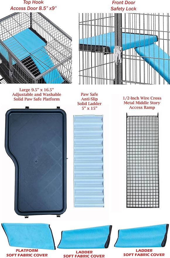 Deluxe Large Double Unit Two Story 4-Level Durable Front Doors Chew-Free Feisty Ferret Hammock Squirrel Chinchilla Small Animal Critter Wrought Iron Cage Tight 1/2-inch Bar Spacing Rolling Stand