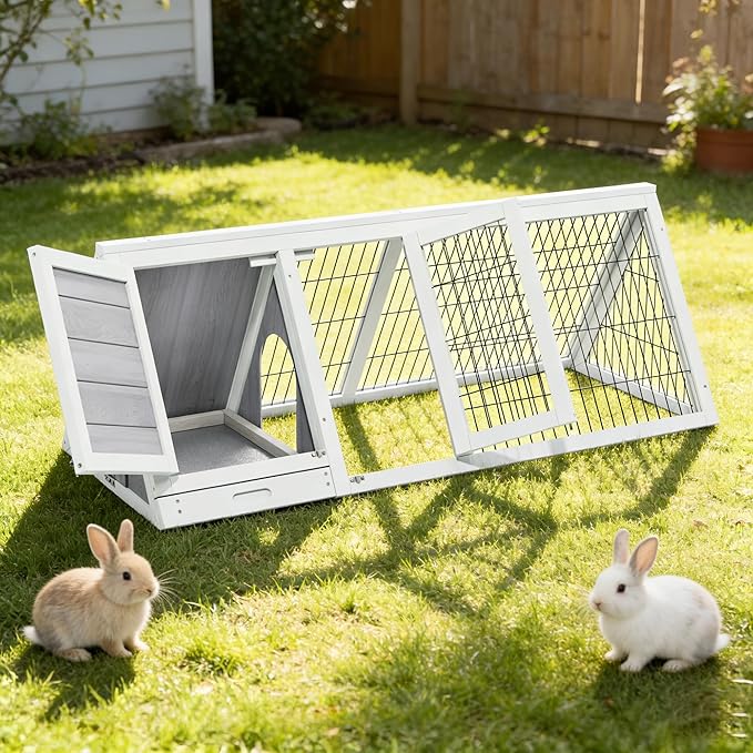 Wooden A-Frame Rabbit Hutch Bunny Cages with Ventilating Wire & 2 Doors Indoor Outdoor Portable Playpen Run House for Chicken Duck Quail Poultry & Small Animals (Grey)