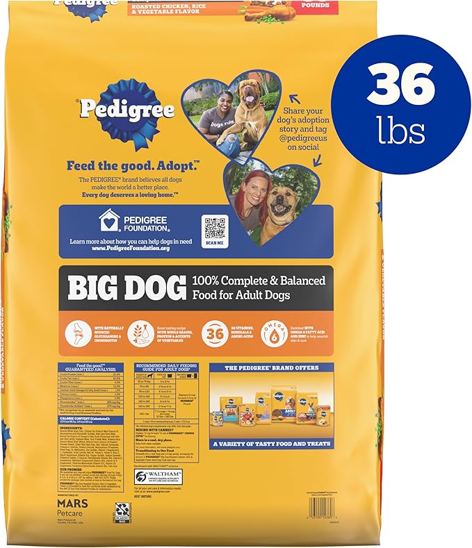 Pedigree Large Breed Dry Dog Food for Large Dogs, Roasted Chicken, Rice and Vegetable Flavor, 36 lb. Bag