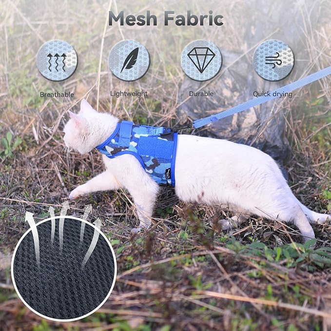 Tactical Kitty Harness and Leash for Walking Escape Proof Breathable Mesh Fabric, Ocean Camo, Small, Adjustable Cat Walking Jackets, Padded Stylish Cat Vest