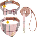 KOOLTAIL Pink Girl Dog Collar and Leash Set for Small Dogs with Bowtie and Bells - Cute Puppy Bandana Collar and Leash with Classic Plaid Pattern, Soft Leather Tangle Free Leashes for Small Dogs, S
