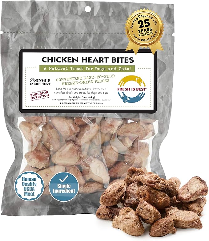 Fresh Is Best Freeze Dried Dog Treats - Raw Freeze Dried Chicken Hearts for Dogs & Cats - Dog Training Treats in Resealable Zipper Bag - High-Protein Single Ingredient - Made in The USA