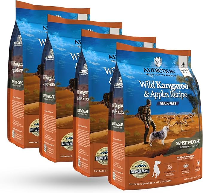 Addiction Wild Kangaroo & Apples Dry Dog Food - Limited Ingredient, Novel Protein for Dogs with Allergies, Grain-Free - Support Muscle Development & Manage Weight - Made in New Zealand 4lb - 4 Packs