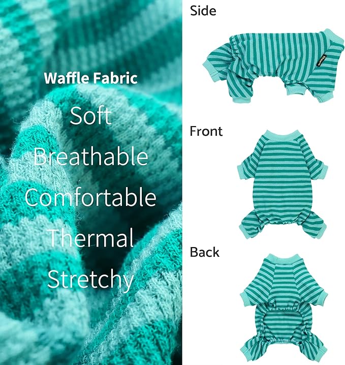 Fitwarm Green and Teal Striped Dog Pajamas, Waffle Dog Clothes for Small Dogs Girl Boy, Puppy Onesie with Feet, Pet Cat Outfit, Small
