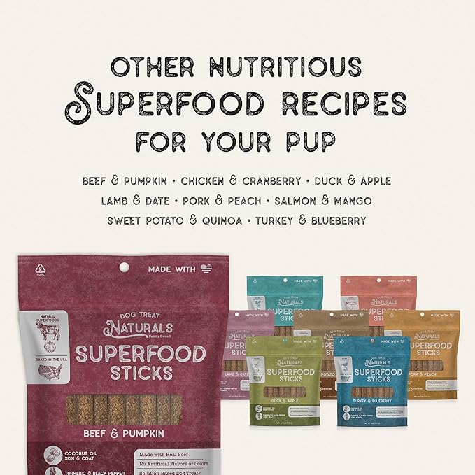 Dog Treat Naturals Superfood Sticks, Turkey & Blueberry, 6oz Bag | Dog Chew Sticks | All-Natural, Pet Training Treats | Joint-Skin-Coat Health | USA Made